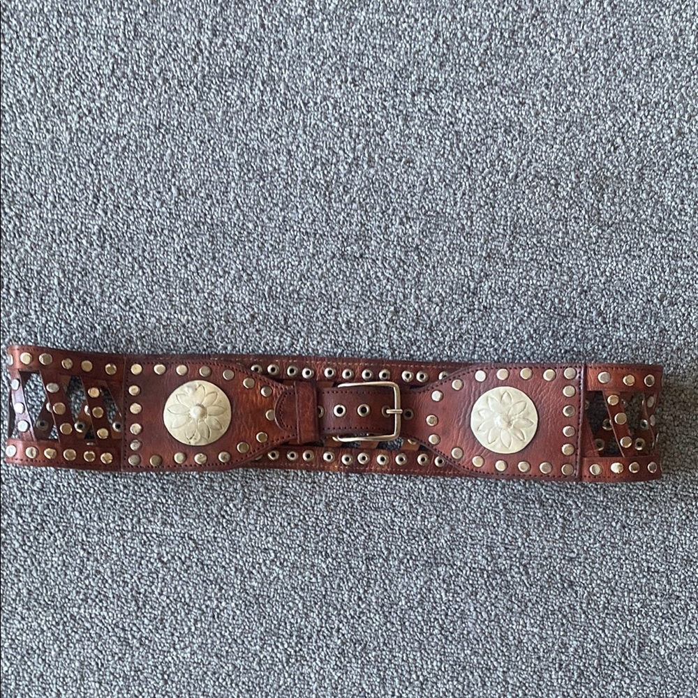 Boho Brown Leather Belt with silver brads 31-34”